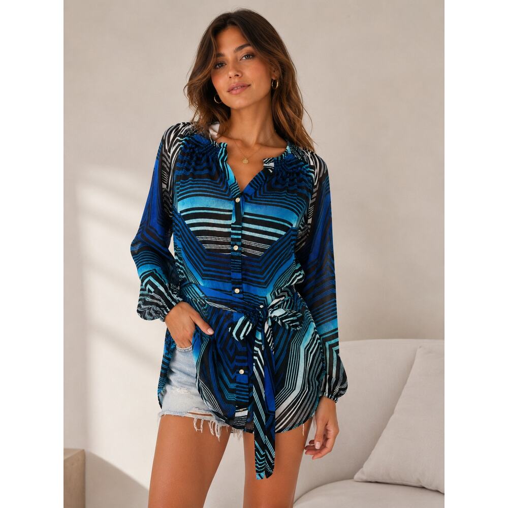Cache Blue Geometric Tunic Blouse Small Sheer Tie Waist Boho Top